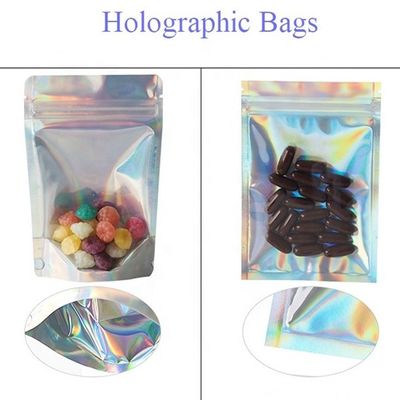 comprar 0.5OZ Bolso holográfico de pie de plata ziplockk bolsas de papel de aluminio con muesca de lágrima online manufacture
