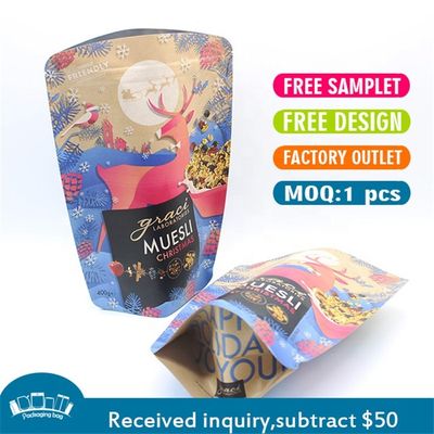 CMYK Impreso 70g de papel Kraft Bolsas laminadas con cierre de cremallera Bolsas de pie reabribles